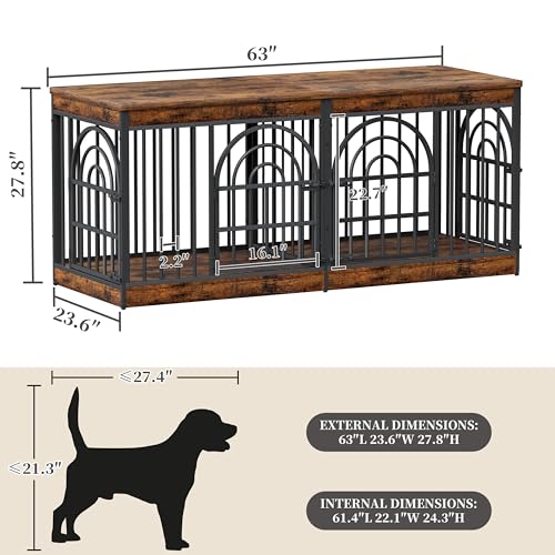 63" Wooden Double Dog Crate Furniture for 1-2 Dogs, view 3