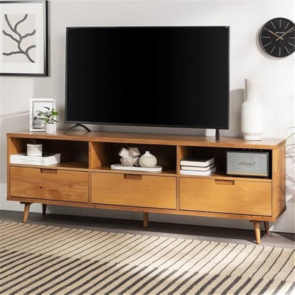 Millie Mid Century Modern 3 Drawer Solid Wood Low TV Stand for TVs up to 80 Inches 70 Inch Caramel