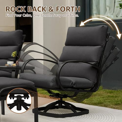 Patio Furniture Set, 5 Pieces Outdoor Swivel Rocker with Ottoman, High Back, Deep Seating with 5" Olefin Cushion, Patio Rocking Chairs for Porch, Backyard (Dark Grey)