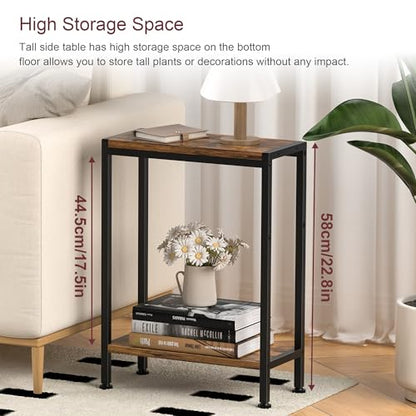 Narrow Side Table for Small Space, 2-Tier Slim End Table, Thin Nightstand, Skinny Snack Couch Table, Sofa Bedside Table in Living Room, Bedroom, Study, Kitchen and Balcony (Rustic Brown)