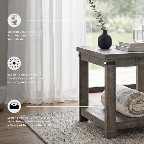 Signature Design by Ashley Hollum End Table, 24 Inch Square Side Table, Farmhouse Wood Look, Storage Shelf for Living Room, Rustic Brown