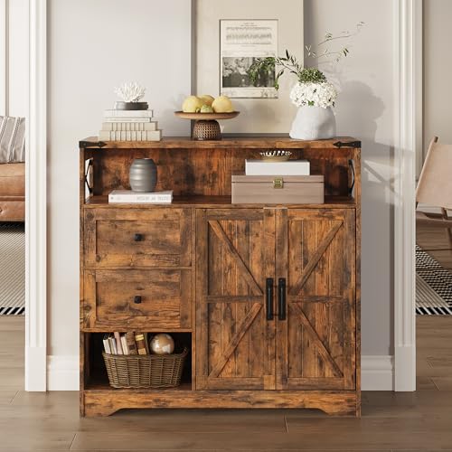 Farmhouse Storage Cabinet with Drawers and Open Storage, Brown | Freestanding Kitchen Pantry With 2 Barn Doors, Floor Cabinet With Adjustable Shelf for Living Room, Dining Room