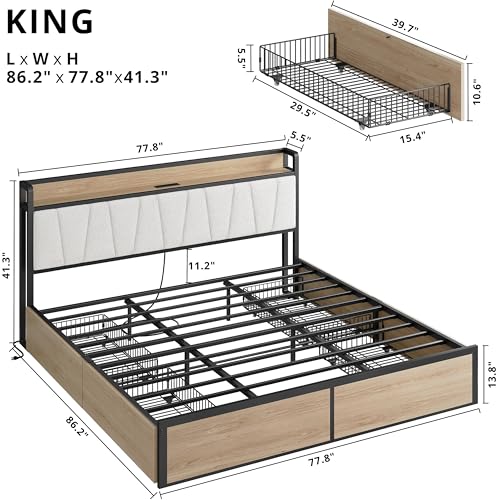 King Size Bed Frame with 4 Storage Drawers and Charged Headboard, view 3