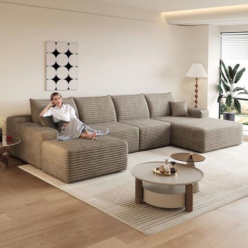 135.4" Comfy U-Shaped Sectional Modern Boneless Corduroy Couch with Chaise ‌and Ottoman‌ - No Assembly Required! Deep-Seat, Upholstered Modular Cloud Sofa for Living Room, Plush Corduroy Fabric