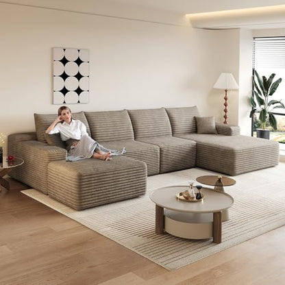 135.4" Comfy U-Shaped Sectional Modern Boneless Corduroy Couch with Chaise ‌and Ottoman‌ - No Assembly Required! Deep-Seat, Upholstered Modular Cloud Sofa for Living Room, Plush Corduroy Fabric