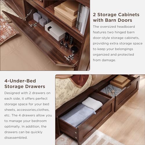 Brown Solid Wood Platform Bed Frame with Drawers and Lighting, view 7