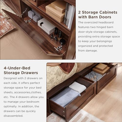 Brown Solid Wood Platform Bed Frame with Drawers and Lighting, view 7