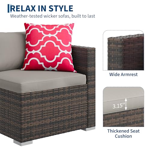 5-Piece Outdoor Sectional Sofa Set, All-Weather PE Rattan Patio Furniture with Ottoman & Tempered Glass Table, Convertible Garden Couch for Backyard, Porch, Poolside (Brown/Light Gray)