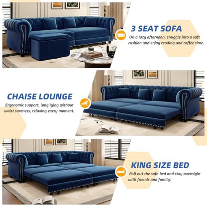 Pull Out Sofa Bed King, Chesterfield Velvet Sleeper Sofa, Convertible L-Shaped Futon Couch, Tufted Back, 2 Pillows, Ottoman, Deep Seat Loveseat Couches for Living Room (Blue, 89'')