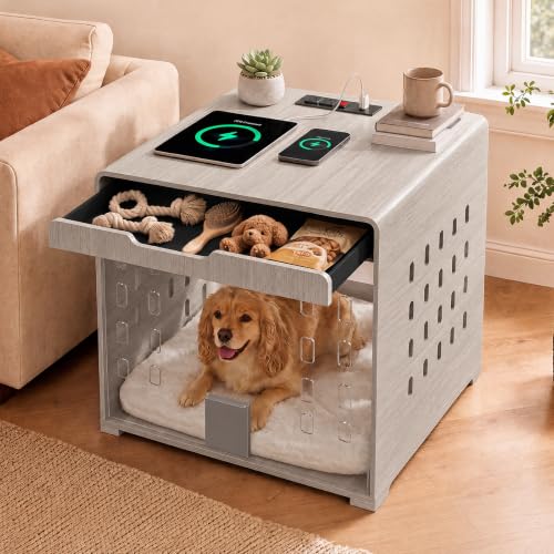 Modern Dog Crate Furniture Wooden Kennel Charging Station End Table Grey, view 2