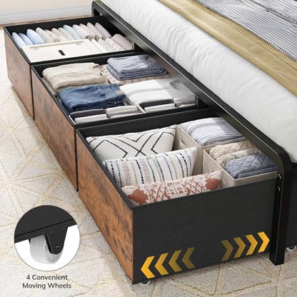 King Size Bed Frame with 9 Drawers and Charging Station, Brown, view 6