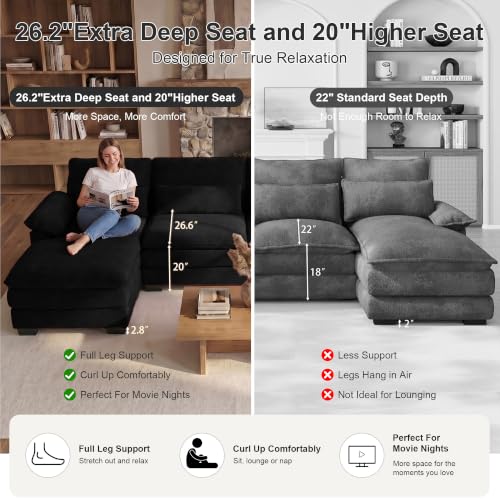 113" U Shaped Sectional Black Couch with Ottoman, Cloud Chenille Sofa | Oversized Deep seat modular U shaped sofa with plush cushions, perfect for family rooms, living rooms and movie nights