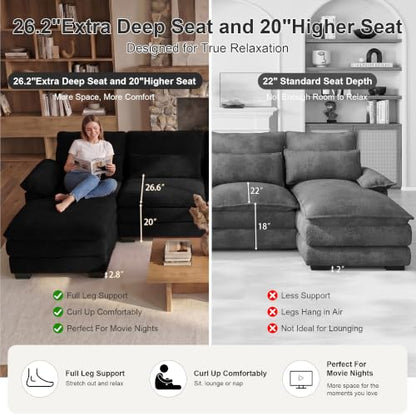113" U Shaped Sectional Black Couch with Ottoman, Cloud Chenille Sofa | Oversized Deep seat modular U shaped sofa with plush cushions, perfect for family rooms, living rooms and movie nights