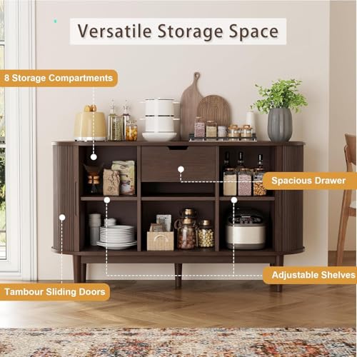 55" Sideboard Buffet Cabinet,Tambour Sliding Doors & Drawer, view 5