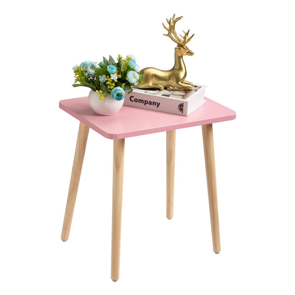 Small Accent Table, Modern Mini Coffee Table with Natural Wood Legs, Quick Assembly End Furniture for Bedroom Living Area Sofa, Minimalist Design for Nuresery and Compact Homes, Pink
