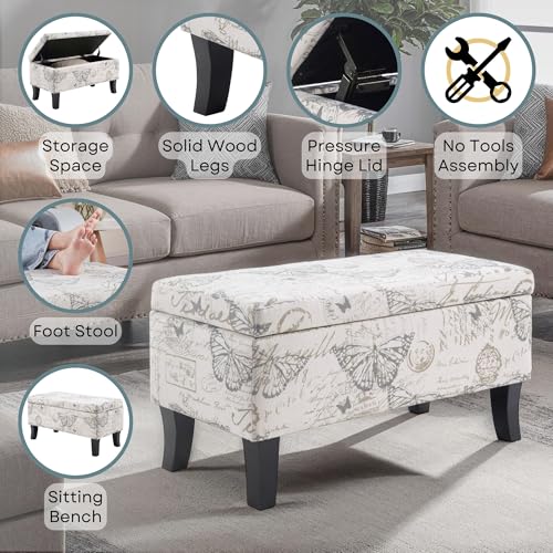 Designs4Comfort Winslow Storage Ottoman Bench 32" - Transitional Upholstered Footstool & Seat, for Living Room, Entryway, Hallway, & Bedroom, Butterfly Fabric