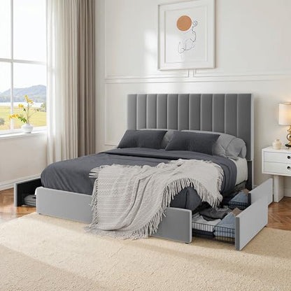 Full Size Velvet Upholstered Storage Bed Frame with Adjustable Vertical Channel Tufted Headboard, 4 Large Underbed Drawers, Sturdy Platform, Noise-Free, No Box Spring Needed, Grey