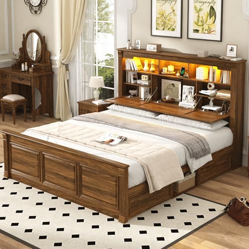 Farmhouse King Size Bed Frame with 55" Tall Storage Headboard & 4 Drawers, view 2