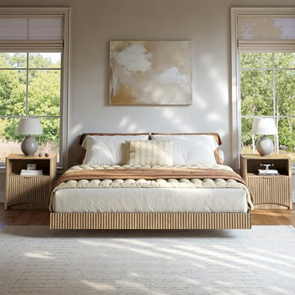 Bedroom Furniture Set-Bed with 2 Nightstands, Mid Century Modern Bedroom Set, Floating Bed Frame Led Lights, Fluted Floating Room Furnitures, 3-Piece Room Set (Nbh, Queen)