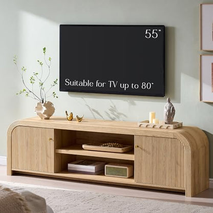 70" Modern Fluted TV Stand with Storage, Natural Oak, view 7