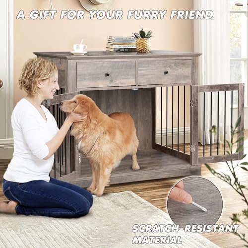Large Dog Crate Furniture with 2 Drawers, 44 Inch Wooden Dog Kennel Indoor, view 4