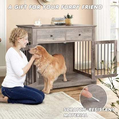 Large Dog Crate Furniture with 2 Drawers, 44 Inch Wooden Dog Kennel Indoor, view 4