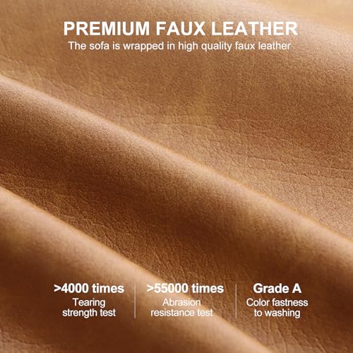 85" Faux Leather Sofa Couches, 3 Seater Mid-Century Modern Sofa with Extra Deep Seats, Upholstered Cushion&Removable Cover, Comfy Couch for Small Space Living Room Apartment, Brown