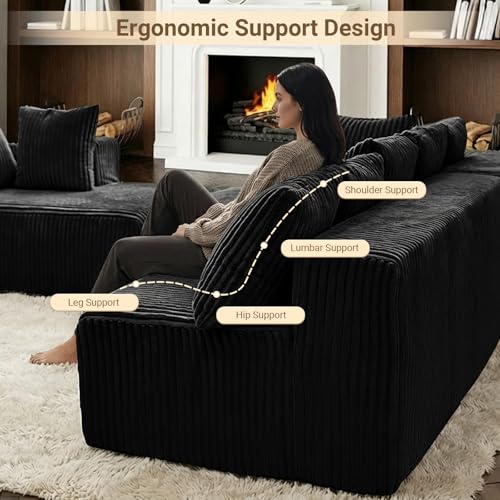 130" U Shaped Boneless Couch, Cloud Boneless Sectional Couches for Living Room, Modular Spineless Sofa Bed with Deep Seat, High Density Foam Floor Couch with 8 Pillows No Assembly, Black Corduroy