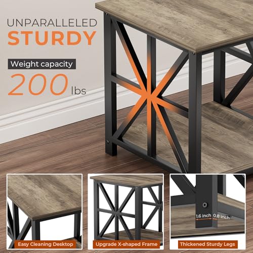 Large End Table with X-Shaped Metal Frame for Living Room | Modern Side Table for Bedroom Office,2-Tier Storage Shelf Nightstand,Scratch-resistant Sofa Table,Grey Wash 24 inch