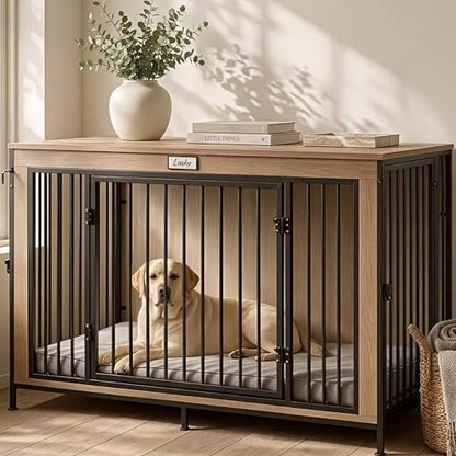 48" XL Dog Crate Furniture for Large Dogs, Farmhouse Light Oak Wood Dog Kennel, view 2