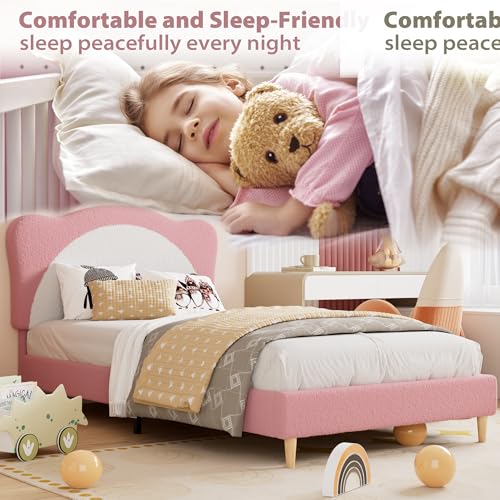 Twin Size Bed Frame for Kids - Cute Velvet Princess Platform Bed with Upholstered Headboard for Girls/Boys, Solid Wood Slats Support, No Box Spring Needed, Pink + White