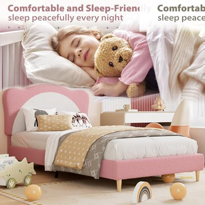 Twin Size Bed Frame for Kids - Cute Velvet Princess Platform Bed with Upholstered Headboard for Girls/Boys, Solid Wood Slats Support, No Box Spring Needed, Pink + White