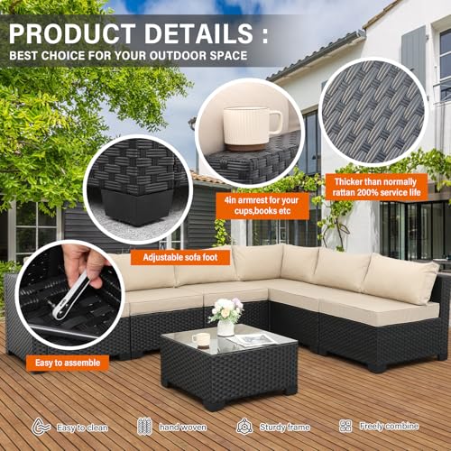 7 Pieces Outdoor Wicker Furniture Conversation Set Patio Sectional Sofa Set Glass Table with Non-Slip Cushions Furniture Cover, Khaki