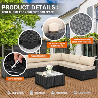 7 Pieces Outdoor Wicker Furniture Conversation Set Patio Sectional Sofa Set Glass Table with Non-Slip Cushions Furniture Cover, Khaki