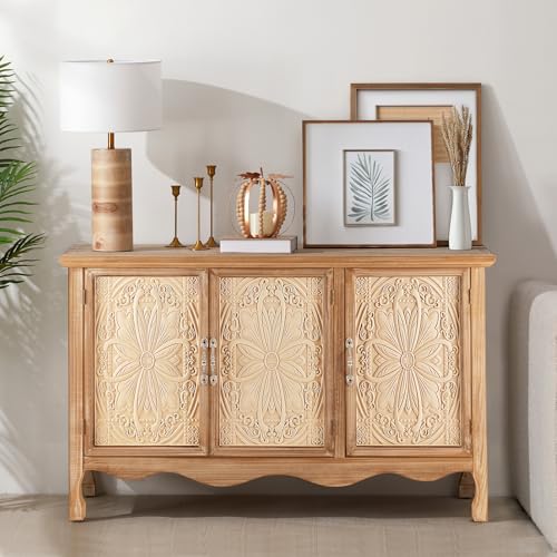 Sideboard Buffet Cabinet with Storage, Natural Solid Wood, view 7