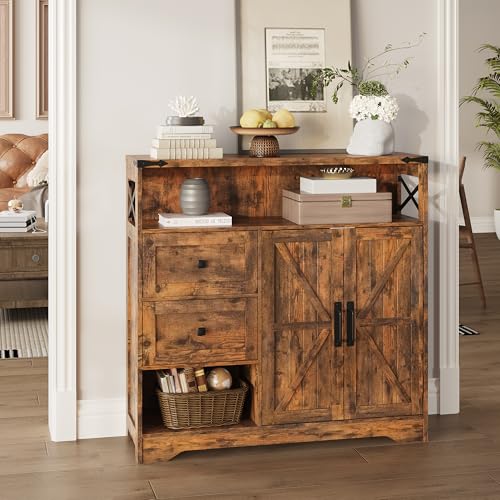 Farmhouse Storage Cabinet with Drawers and Open Storage, Brown | Freestanding Kitchen Pantry With 2 Barn Doors, Floor Cabinet With Adjustable Shelf for Living Room, Dining Room