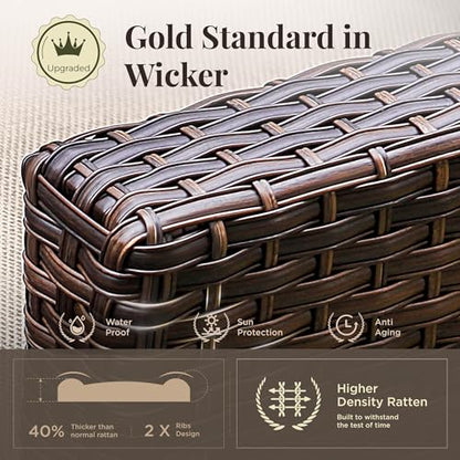 Swivel Glider Patio Furniture Set, 5 Pcs Wicker Rattan Outdoor Conversation Set, 2 x Swivel Chairs, 1 x 3 Seater Sofa and 2 x Ottoman with 4" Thick Cushion, Beige