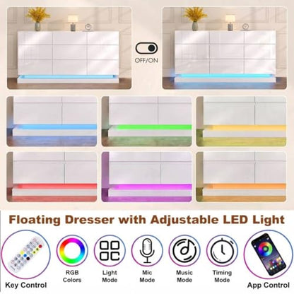 High-Gloss 9 Drawers Dresser with Charging Station & LED Lights,White, view 4