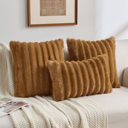 Pack of 2 Faux Mink Fur Throw Pillow Covers 12x20 Inch Soft Fluffy Dyeing Striped Textured Farmhouse Decorative Lumbar Pillowcases Modern Home Decor for Couch Bed Living Room, Camel