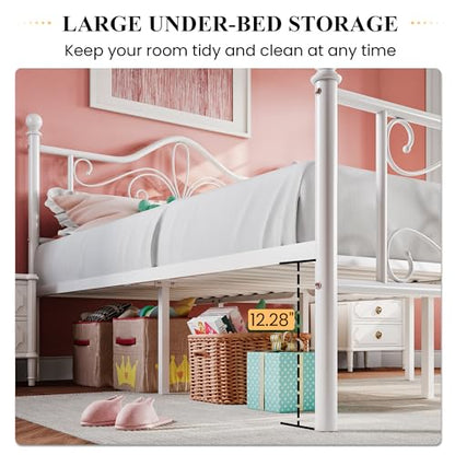 Full Size Metal Bed Frame with Butterfly Headboard, White, view 7