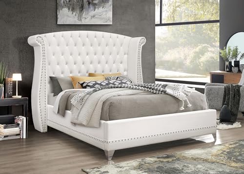 Coaster Home Furnishings - Barzini - Wood - Upholstered Platform Bed with Wingback Headboard, Button Tufting, Crystal-Like Accents, and Tapered Legs - Bedroom - Queen Size - White - 300843Q