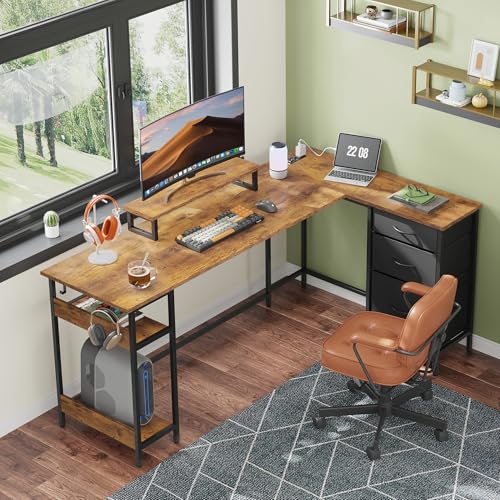 66 Inch L Shaped Gaming Desk with Drawers and Storage, Corner Desk with LED Lights, Power Outlets, Computer Desk with Monitor Stand, Office Desk for Home, Rustic Brown
