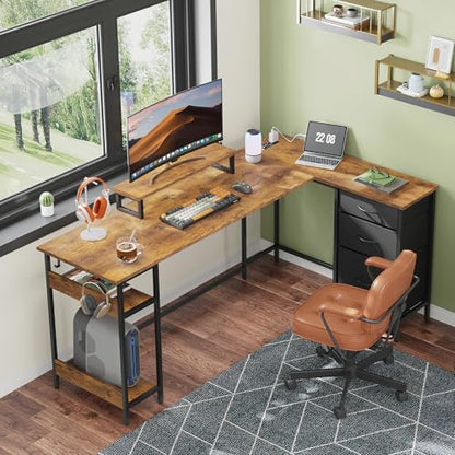 66 Inch L Shaped Gaming Desk with Drawers and Storage, Corner Desk with LED Lights, Power Outlets, Computer Desk with Monitor Stand, Office Desk for Home, Rustic Brown