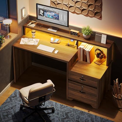 55 Inch Wood Computer Desk with Lockable File Drawer, Charging Station & LED Lights - Home Office Desk with Storage Shelves, Printer Shelf & Monitor Stand, Wooden Desk for Study & Work, Walnut