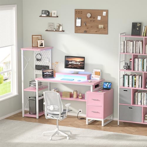 Computer Desk with 2 Fabric Drawers - Reversible Home Office Desk with Power Outlet & LED Lights, 53" Writing Desk with Monitor Stand & Storage Shelves, Gaming Desk Study Table with Pegboard, Pink