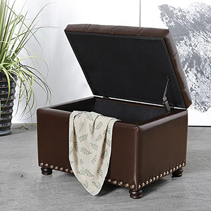 Leather Ottoman with Storage,24’’Foot Rest Ottomans with Hinged Lid Rectangle Upholstered Foot Stools Nailhead Trim for Living Room Bedroom,Classic Brown
