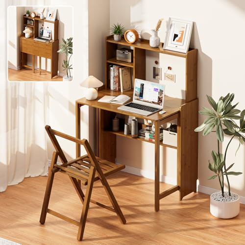 Folding Desk with Bookshelf, Compact Foldable Desk for Small Spaces,Brown, view 2