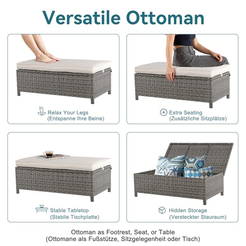 2-Piece Outdoor Patio Furniture Wicker Love-seat and Coffee Table Set, with Built-in Storage Bin, Grey Rattan, Beige Cushions