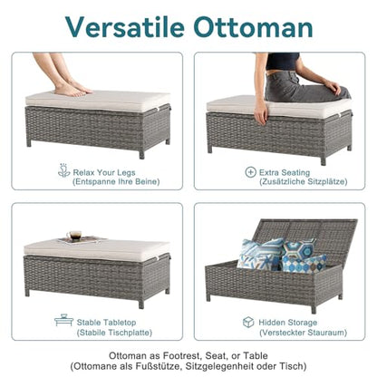 2-Piece Outdoor Patio Furniture Wicker Love-seat and Coffee Table Set, with Built-in Storage Bin, Grey Rattan, Beige Cushions
