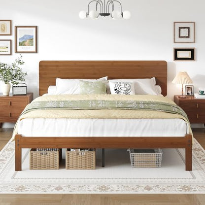 14" King Size Bamboo Wood Platform Bed Frame with Headboard, Brown, view 8
